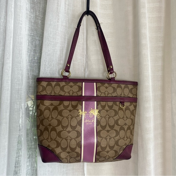 Coach Handbags - Coach 12358 Signature Coated Heritage Stripe Tote - Berry
